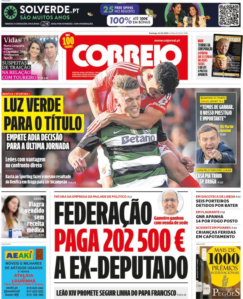 Correio da Manh&atilde;: Capa da Edi&ccedil;&atilde;o de domingo, 11 de maio 2025