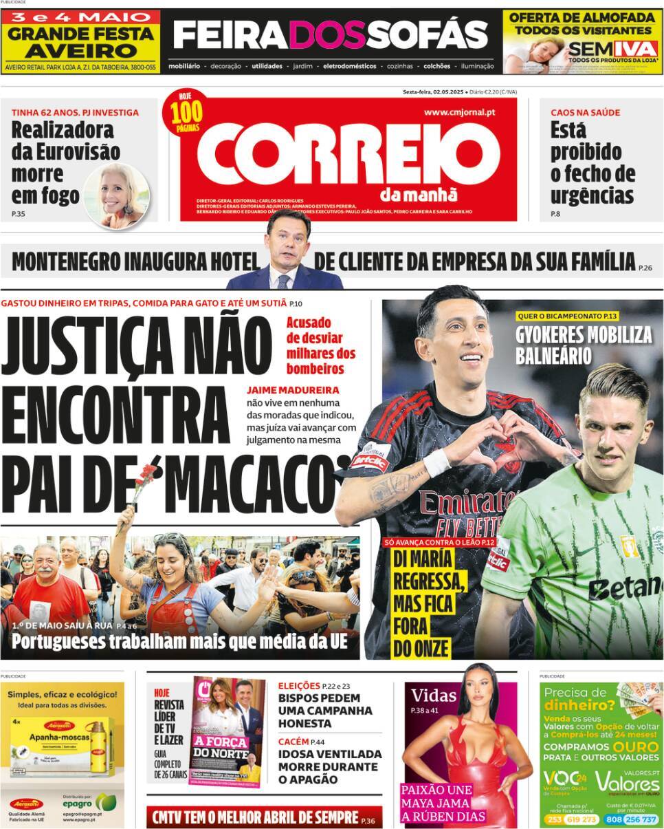 Correio da Manh&atilde;: Capa da Edi&ccedil;&atilde;o de sexta-feira, 02 de maio 2025