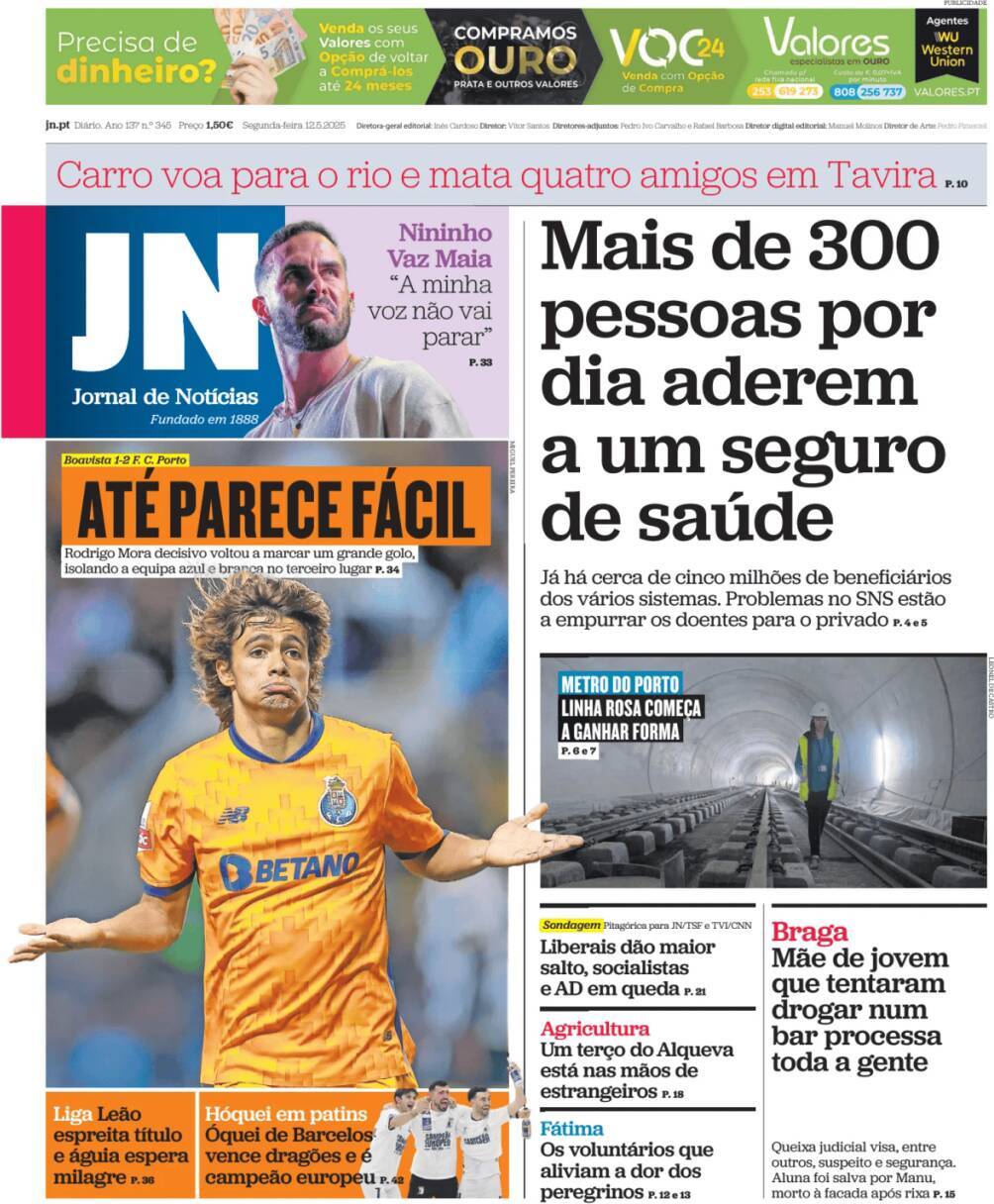 Jornal de Not&iacute;cias: Capa da Edi&ccedil;&atilde;o de segunda-feira, 12 de maio 2025