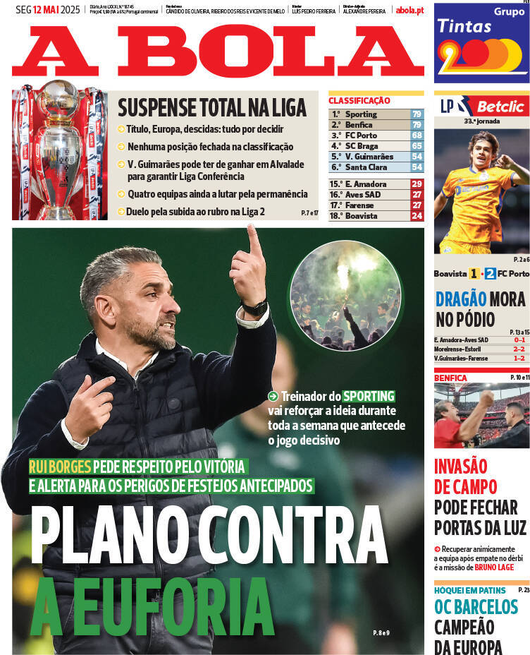 A Bola: Capa da Edi&ccedil;&atilde;o de segunda-feira, 12 de maio 2025