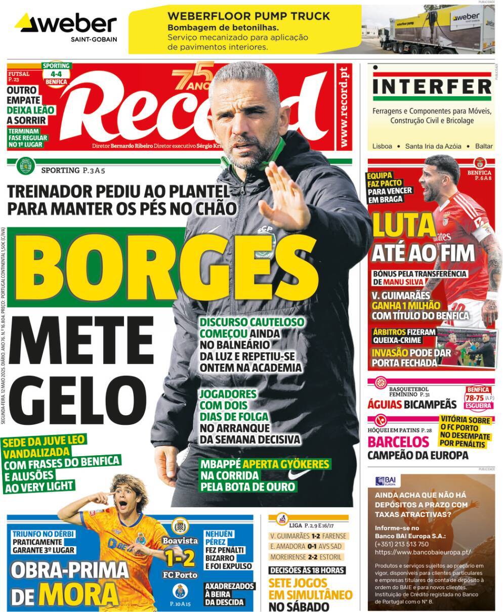 Record: Capa da Edi&ccedil;&atilde;o de segunda-feira, 12 de maio 2025