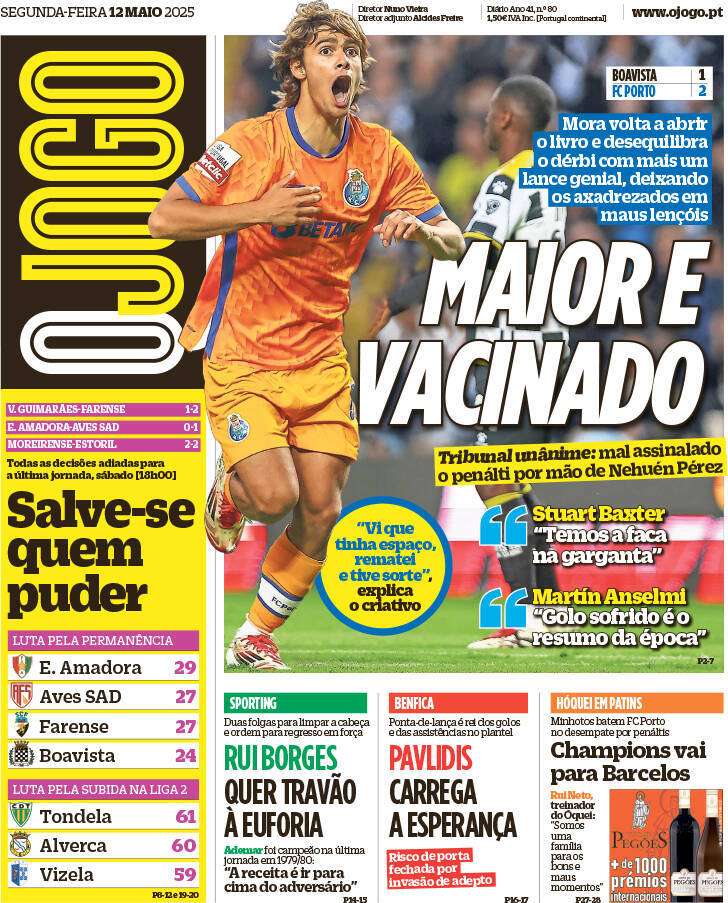 O Jogo: Capa da Edi&ccedil;&atilde;o de segunda-feira, 12 de maio 2025