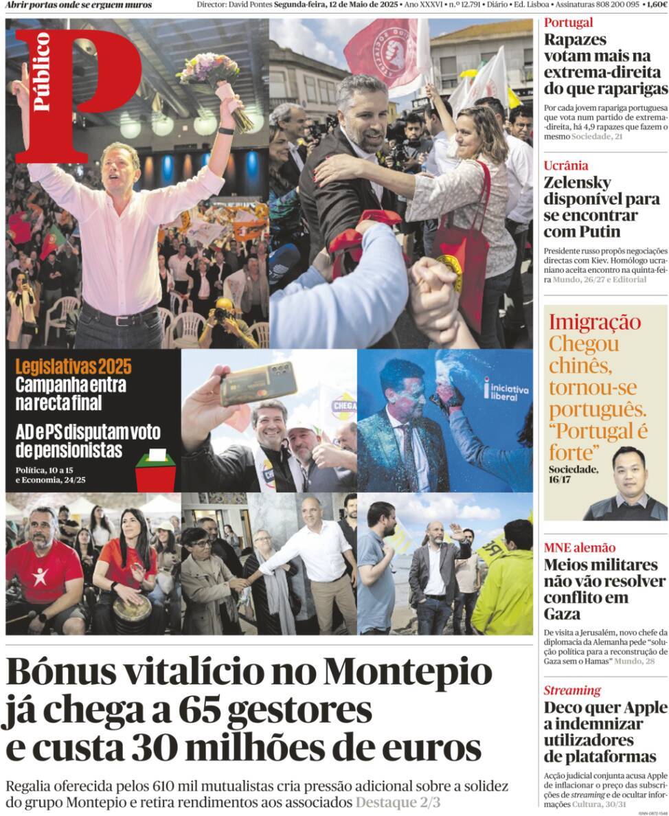 P&uacute;blico: Capa da Edi&ccedil;&atilde;o de segunda-feira, 12 de maio 2025