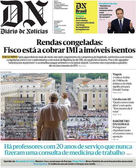 Di&aacute;rio de Not&iacute;cias: Capa da Edi&ccedil;&atilde;o de segunda-feira, 12 de maio 2025