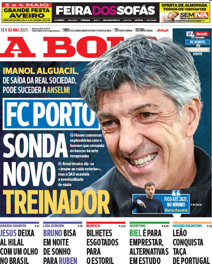 A Bola: Capa da Edi&ccedil;&atilde;o de sexta-feira, 02 de maio 2025