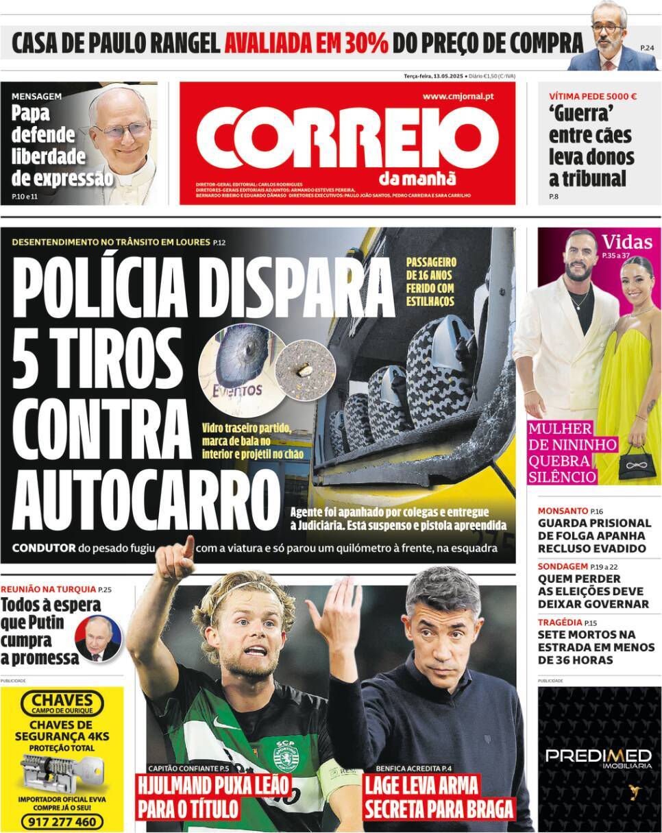 Correio da Manh&atilde;: Capa da Edi&ccedil;&atilde;o de ter&ccedil;a-feira, 13 de maio 2025