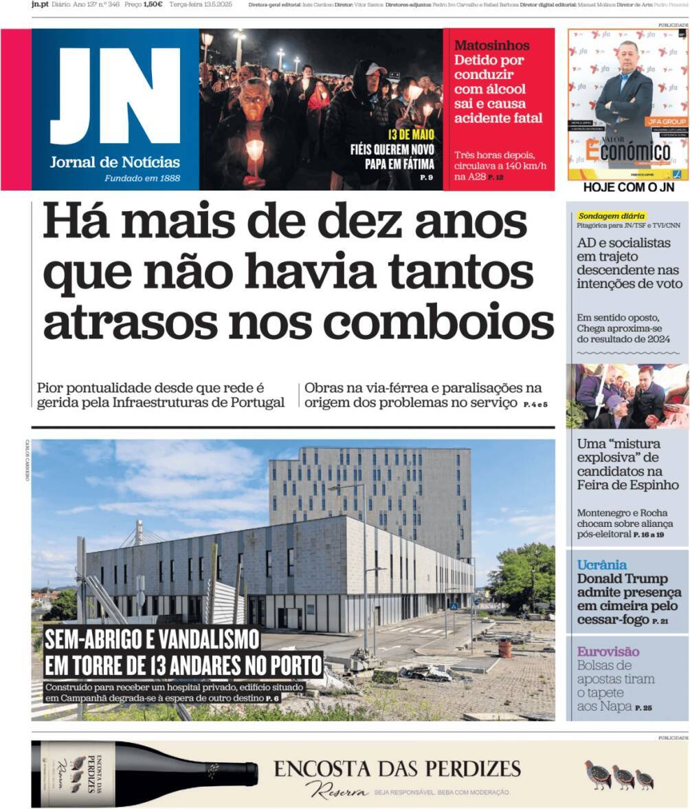 Jornal de Not&iacute;cias: Capa da Edi&ccedil;&atilde;o de ter&ccedil;a-feira, 13 de maio 2025