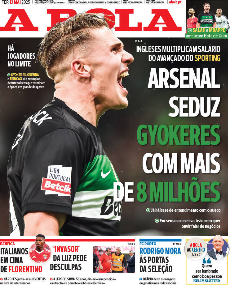 A Bola: Capa da Edi&ccedil;&atilde;o de ter&ccedil;a-feira, 13 de maio 2025