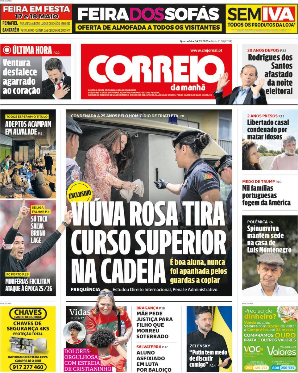Correio da Manh&atilde;: Capa da Edi&ccedil;&atilde;o de quarta-feira, 14 de maio 2025