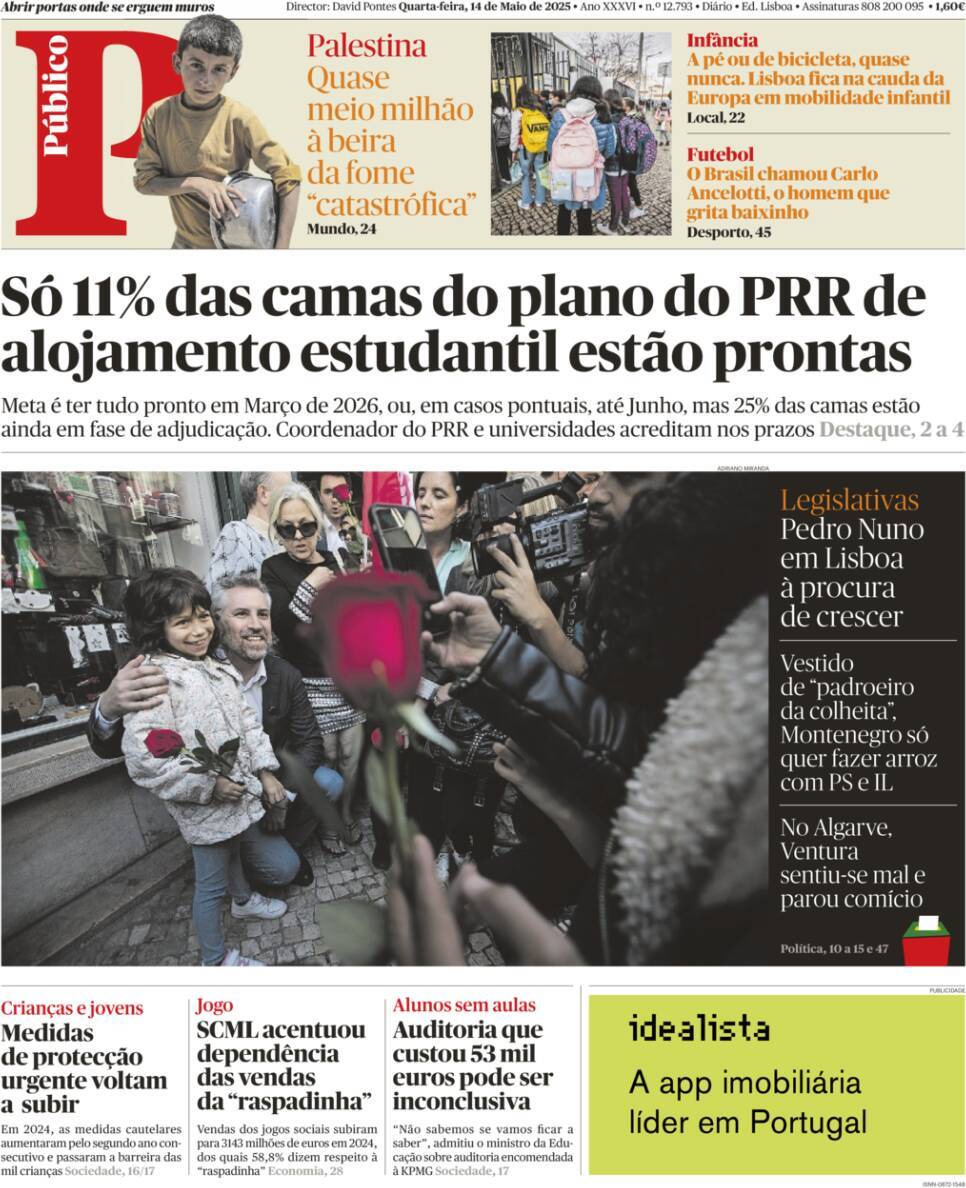 P&uacute;blico: Capa da Edi&ccedil;&atilde;o de quarta-feira, 14 de maio 2025