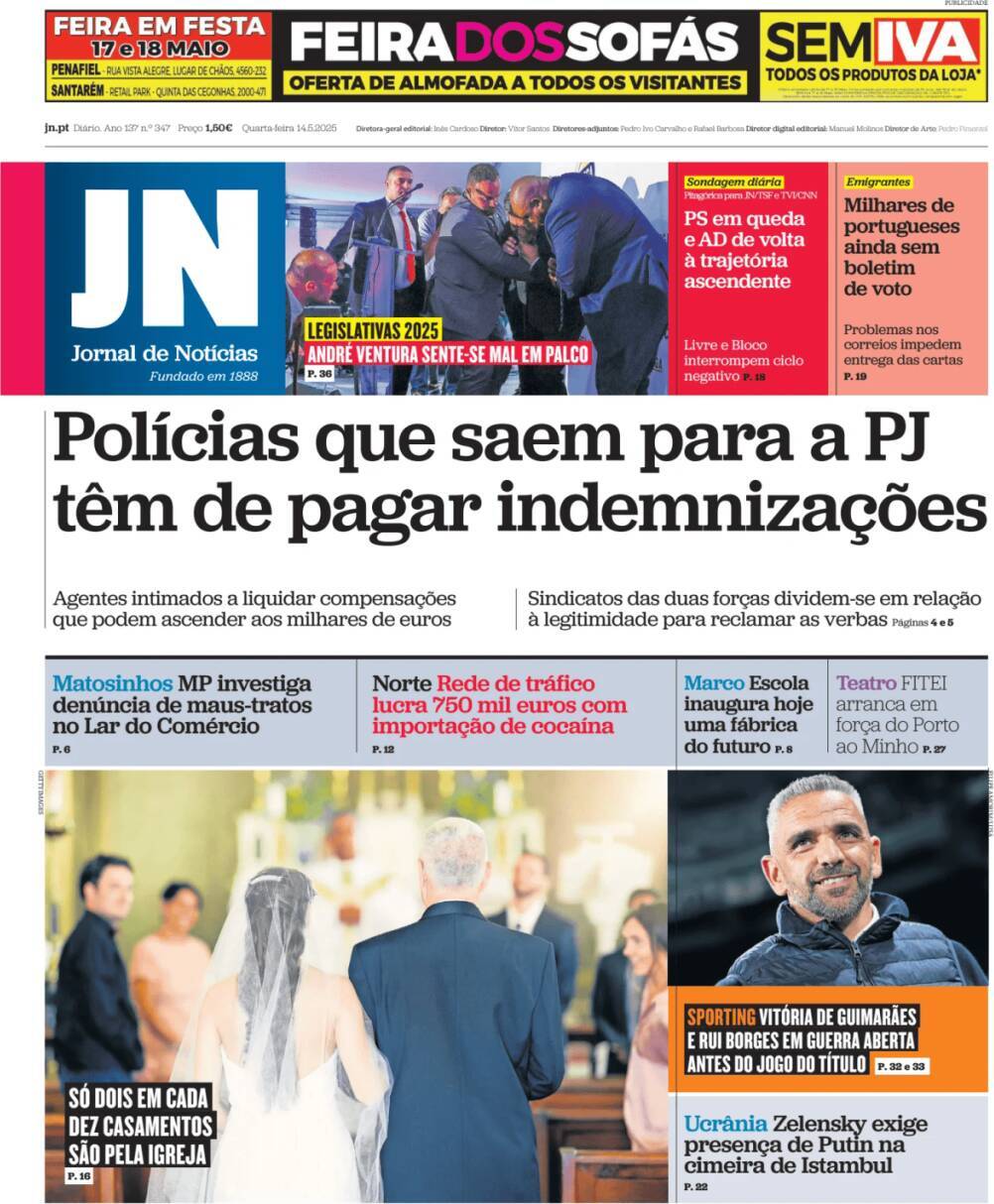 Jornal de Not&iacute;cias: Capa da Edi&ccedil;&atilde;o de quarta-feira, 14 de maio 2025