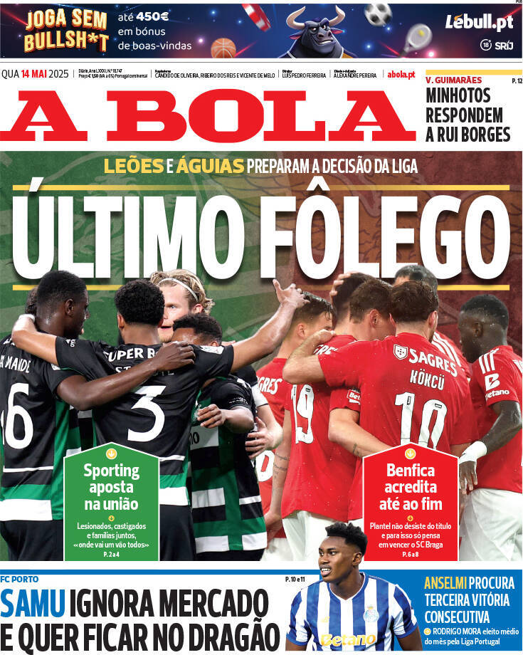A Bola: Capa da Edi&ccedil;&atilde;o de quarta-feira, 14 de maio 2025