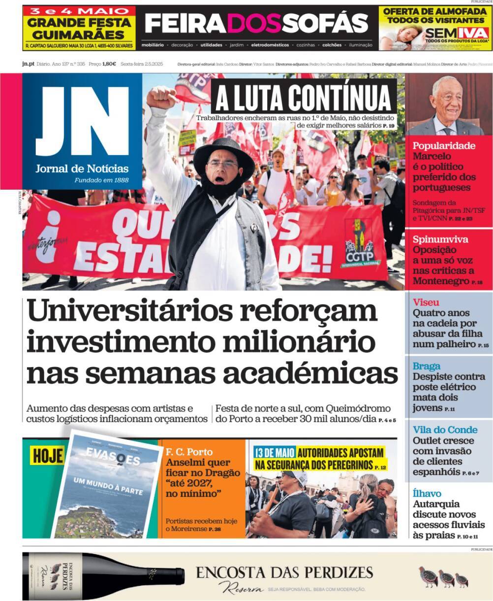 Jornal de Not&iacute;cias: Capa da Edi&ccedil;&atilde;o de sexta-feira, 02 de maio 2025