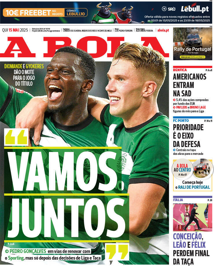 A Bola: Capa da Edi&ccedil;&atilde;o de quinta-feira, 15 de maio 2025