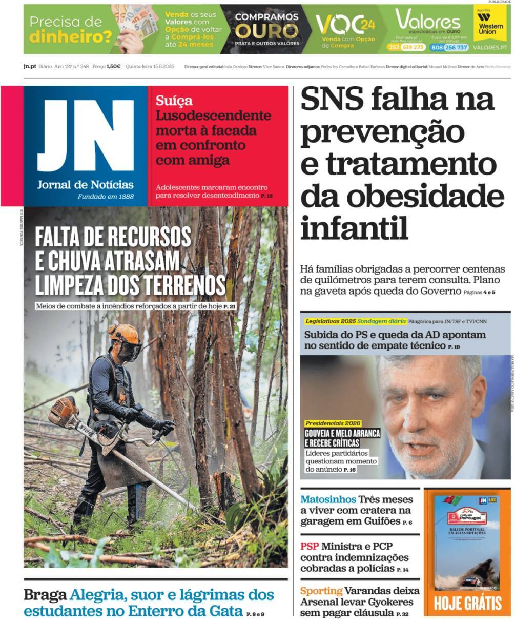Jornal de Not&iacute;cias: Capa da Edi&ccedil;&atilde;o de quinta-feira, 15 de maio 2025