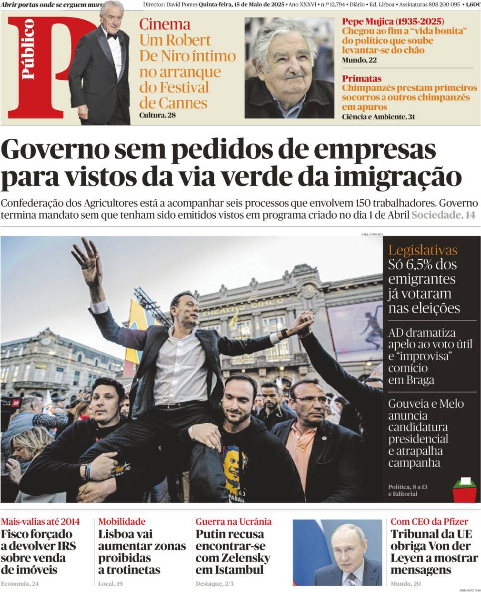 P&uacute;blico: Capa da Edi&ccedil;&atilde;o de quinta-feira, 15 de maio 2025