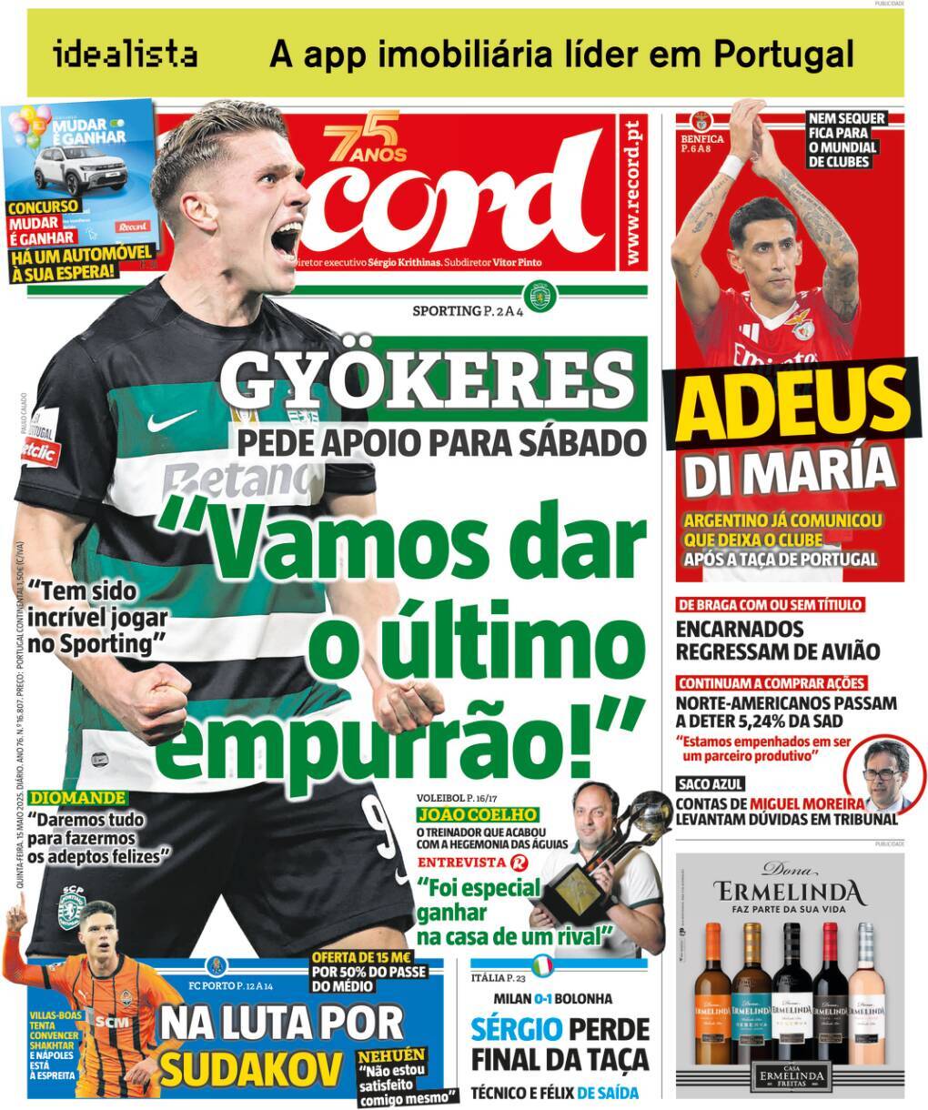 Record: Capa da Edi&ccedil;&atilde;o de quinta-feira, 15 de maio 2025