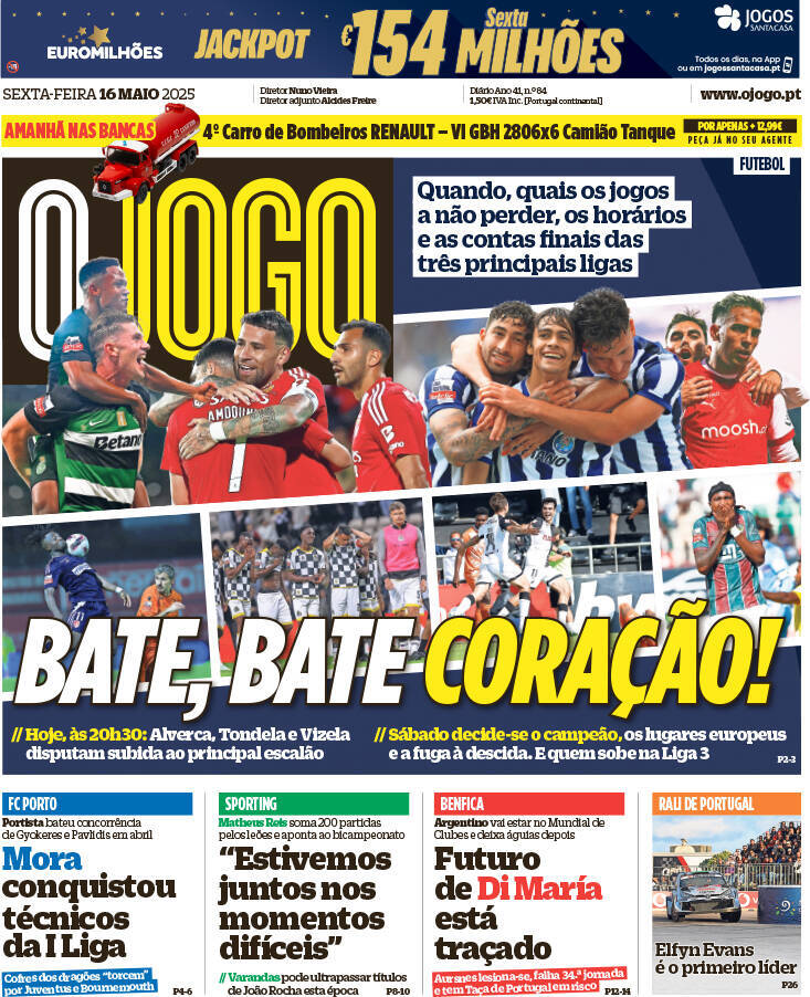 O Jogo: Capa da Edi&ccedil;&atilde;o de sexta-feira, 16 de maio 2025