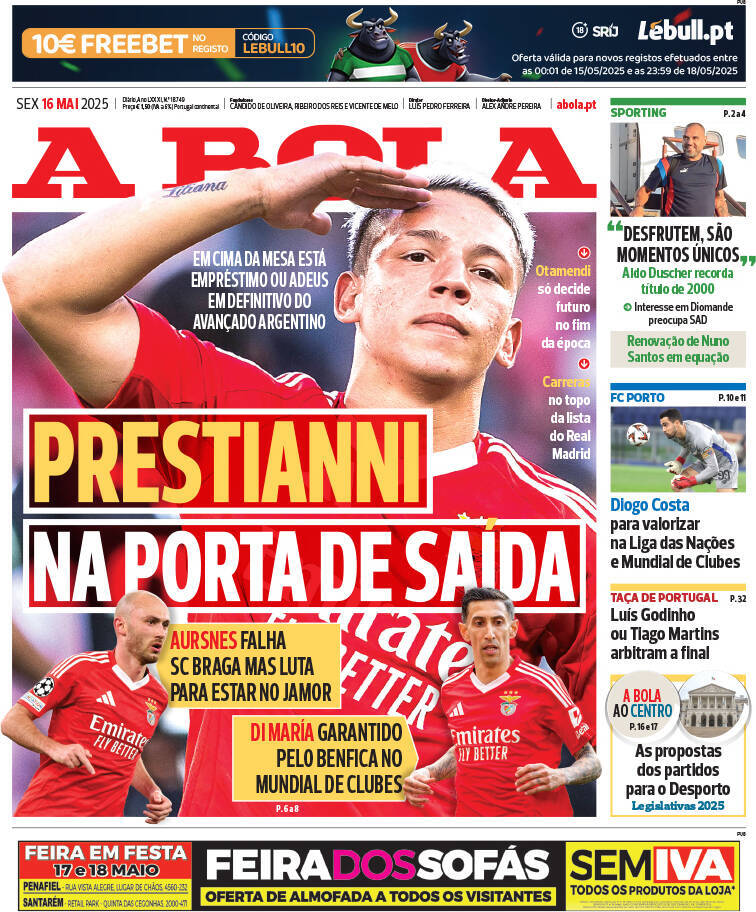 A Bola: Capa da Edi&ccedil;&atilde;o de sexta-feira, 16 de maio 2025
