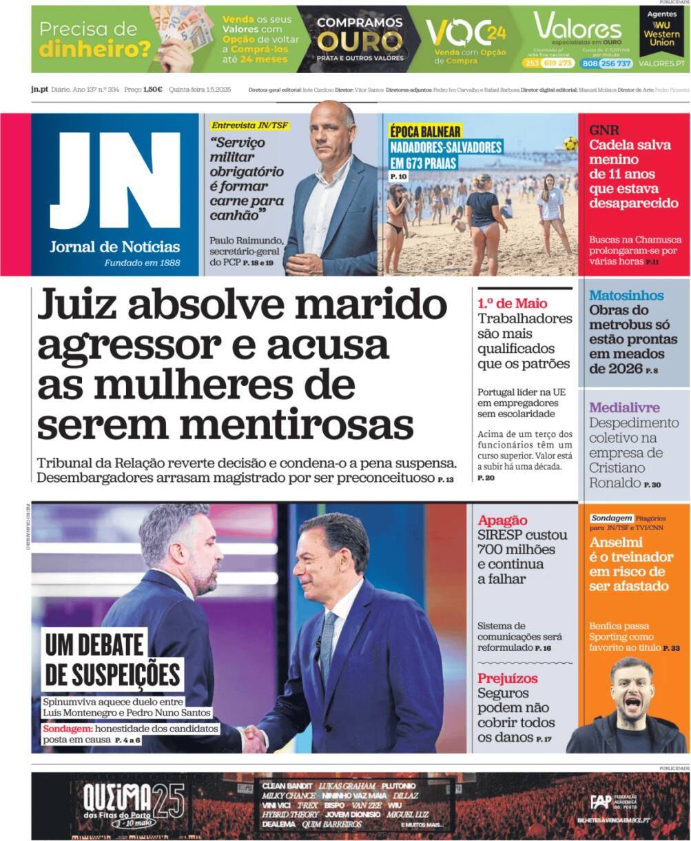 Jornal de Not&iacute;cias: Capa da Edi&ccedil;&atilde;o de quinta-feira, 01 de maio 2025