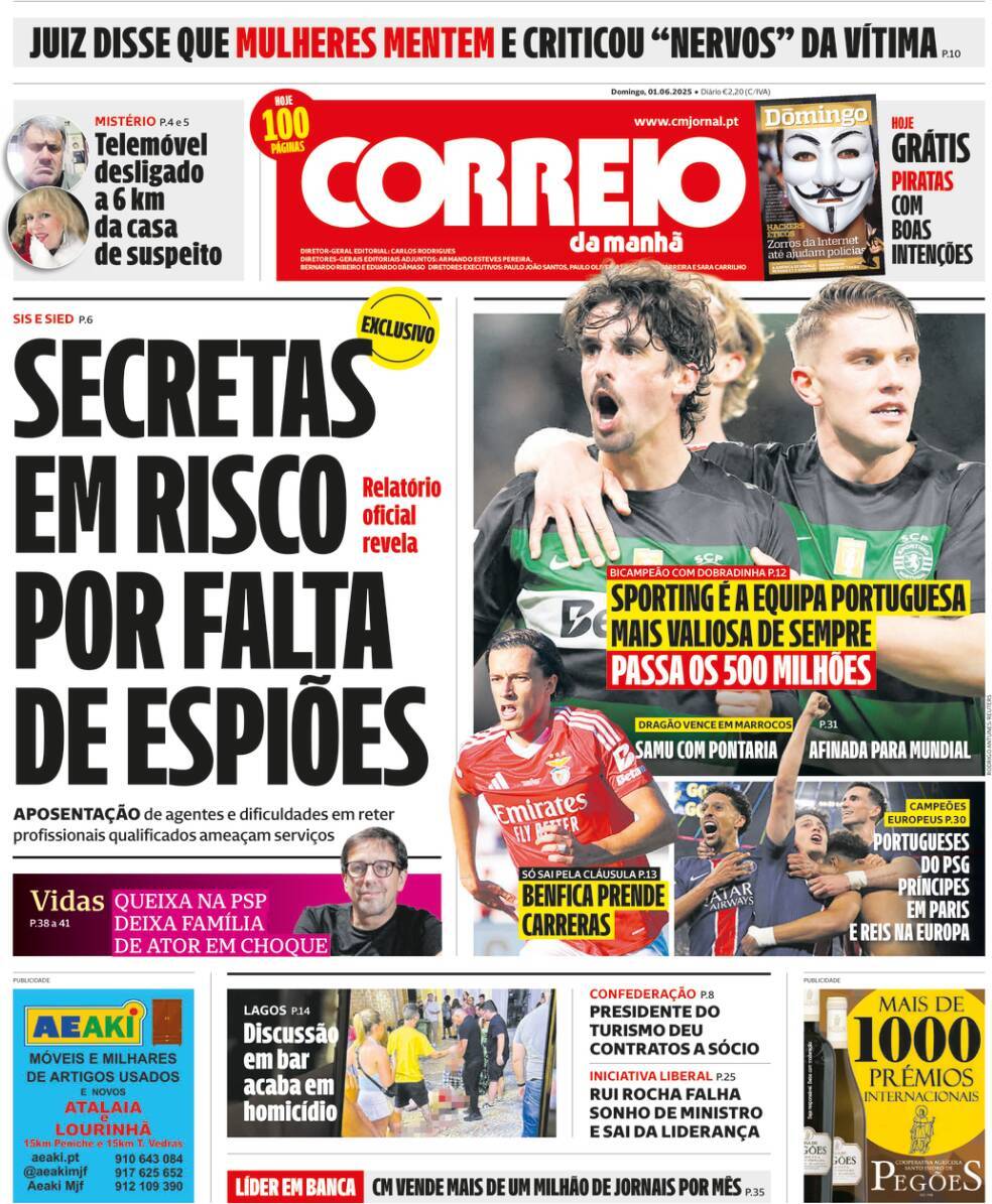 Correio da Manh&atilde;: Capa da Edi&ccedil;&atilde;o de domingo, 01 de junho 2025