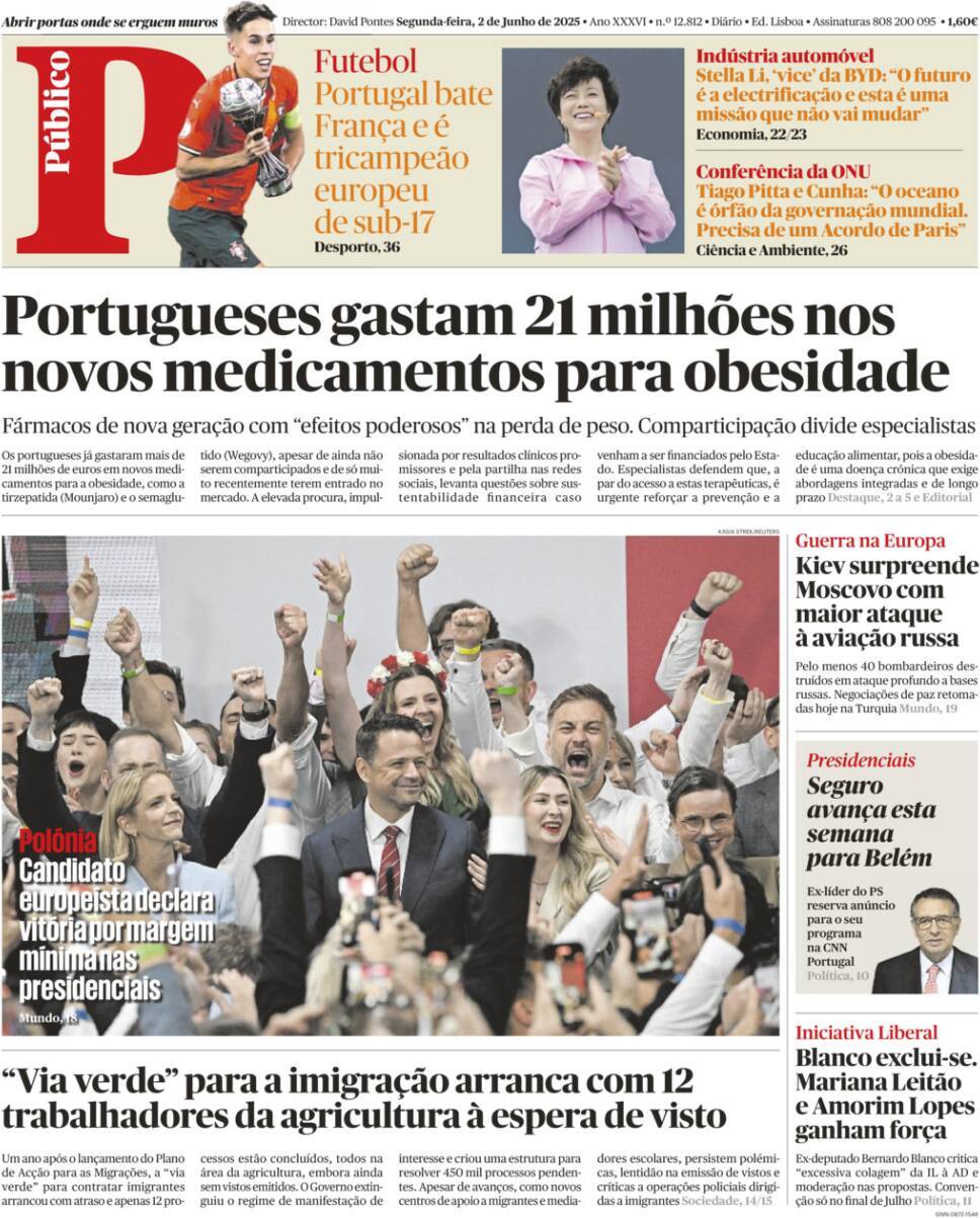 P&uacute;blico: Capa da Edi&ccedil;&atilde;o de segunda-feira, 02 de junho 2025