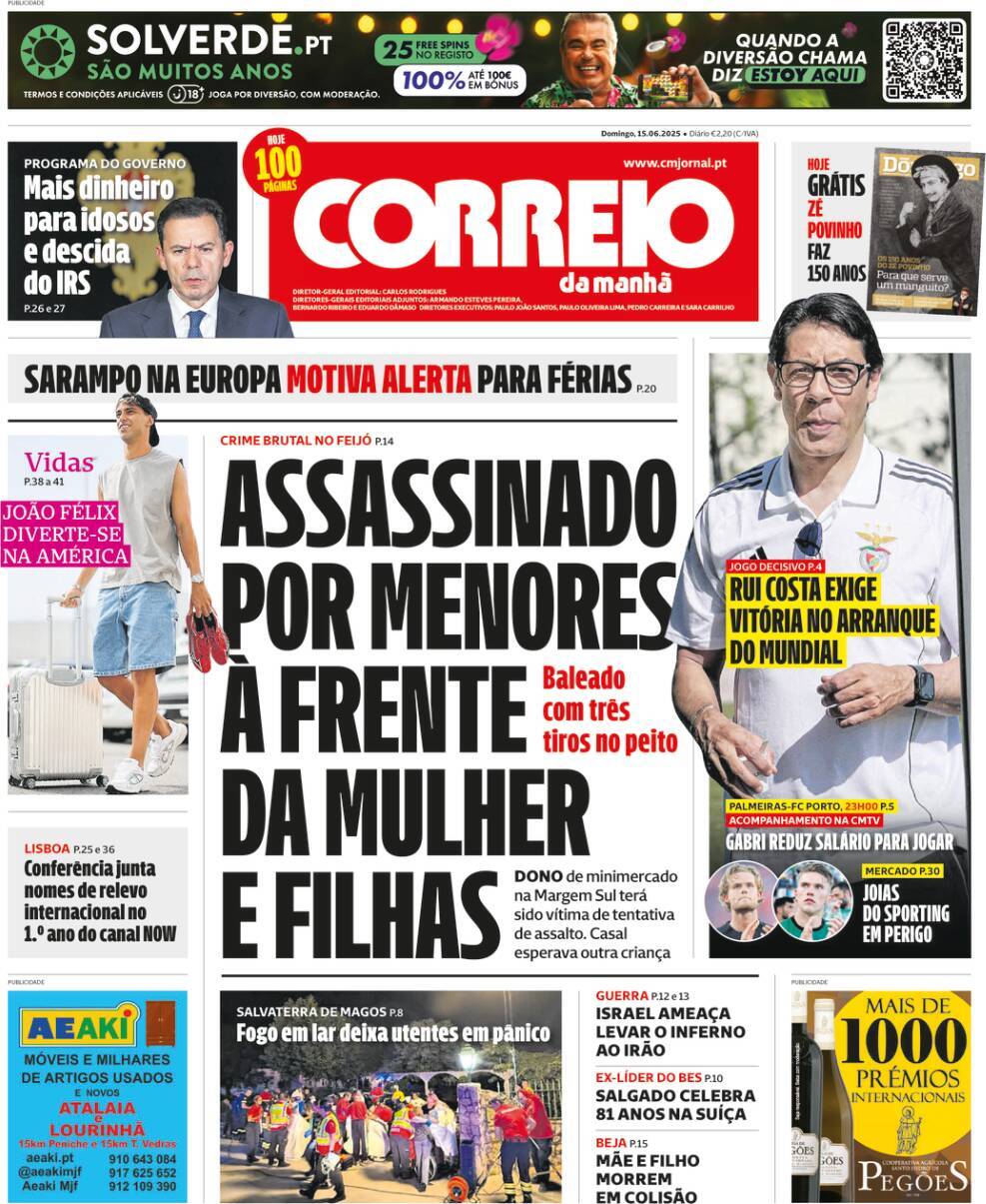 Correio da Manh&atilde;: Capa da Edi&ccedil;&atilde;o de domingo, 15 de junho 2025