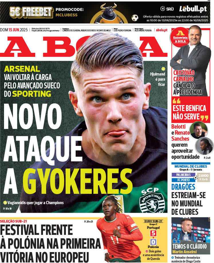 A Bola: Capa da Edi&ccedil;&atilde;o de domingo, 15 de junho 2025