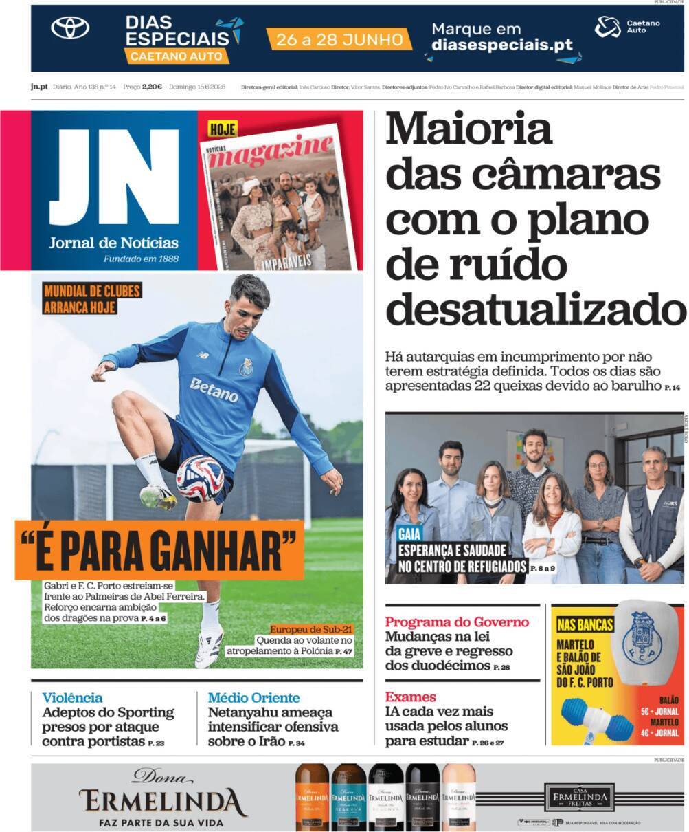 Jornal de Not&iacute;cias: Capa da Edi&ccedil;&atilde;o de domingo, 15 de junho 2025