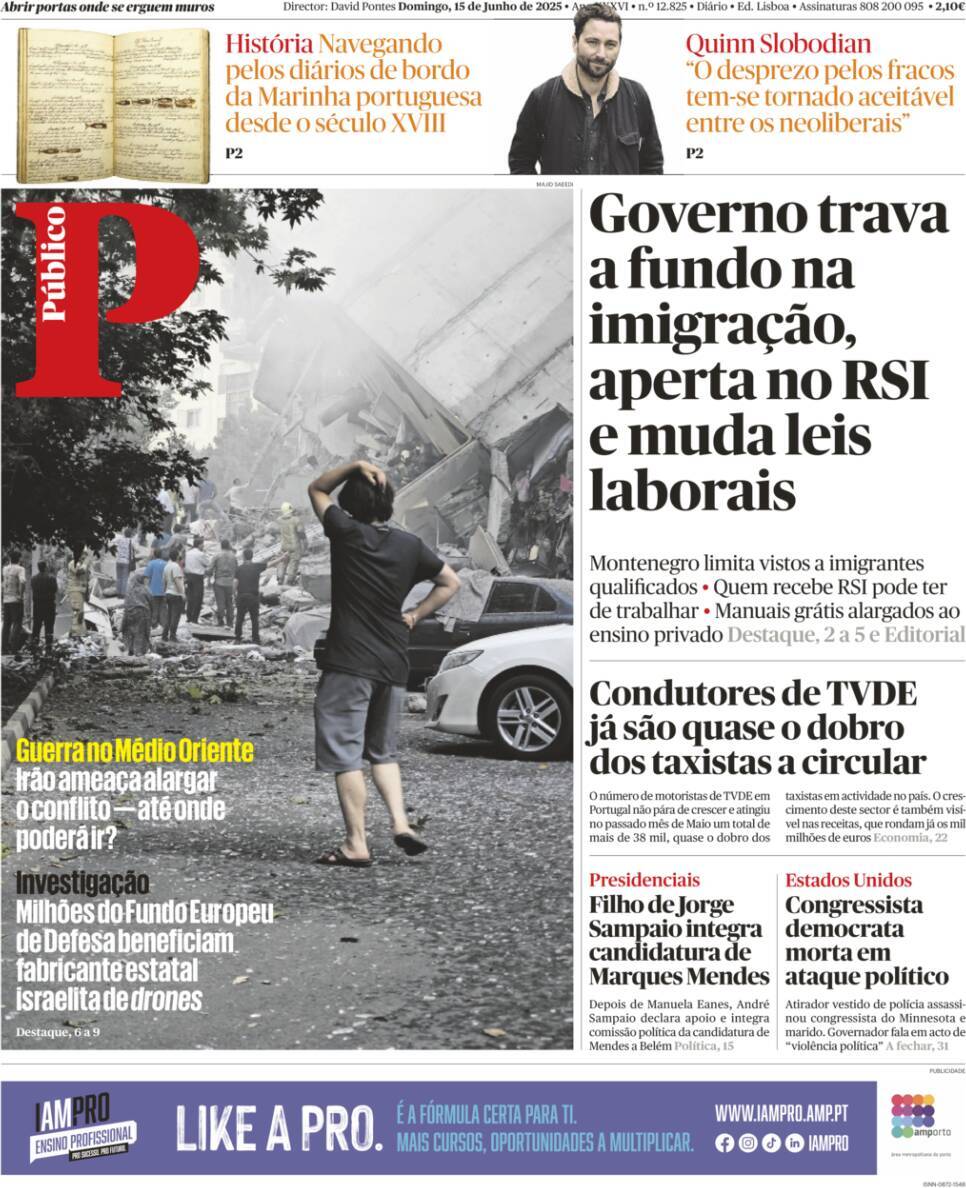 P&uacute;blico: Capa da Edi&ccedil;&atilde;o de domingo, 15 de junho 2025