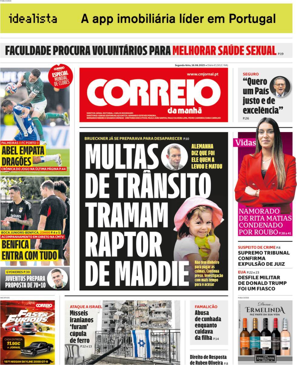 Correio da Manh&atilde;: Capa da Edi&ccedil;&atilde;o de segunda-feira, 16 de junho 2025