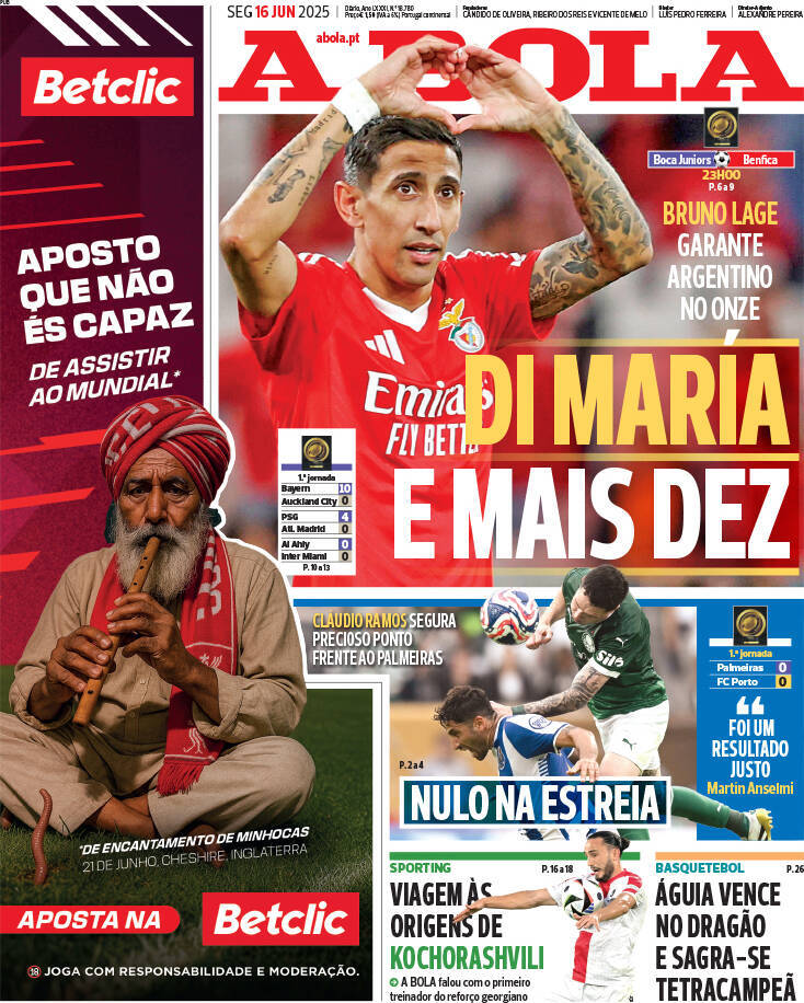 A Bola: Capa da Edi&ccedil;&atilde;o de segunda-feira, 16 de junho 2025