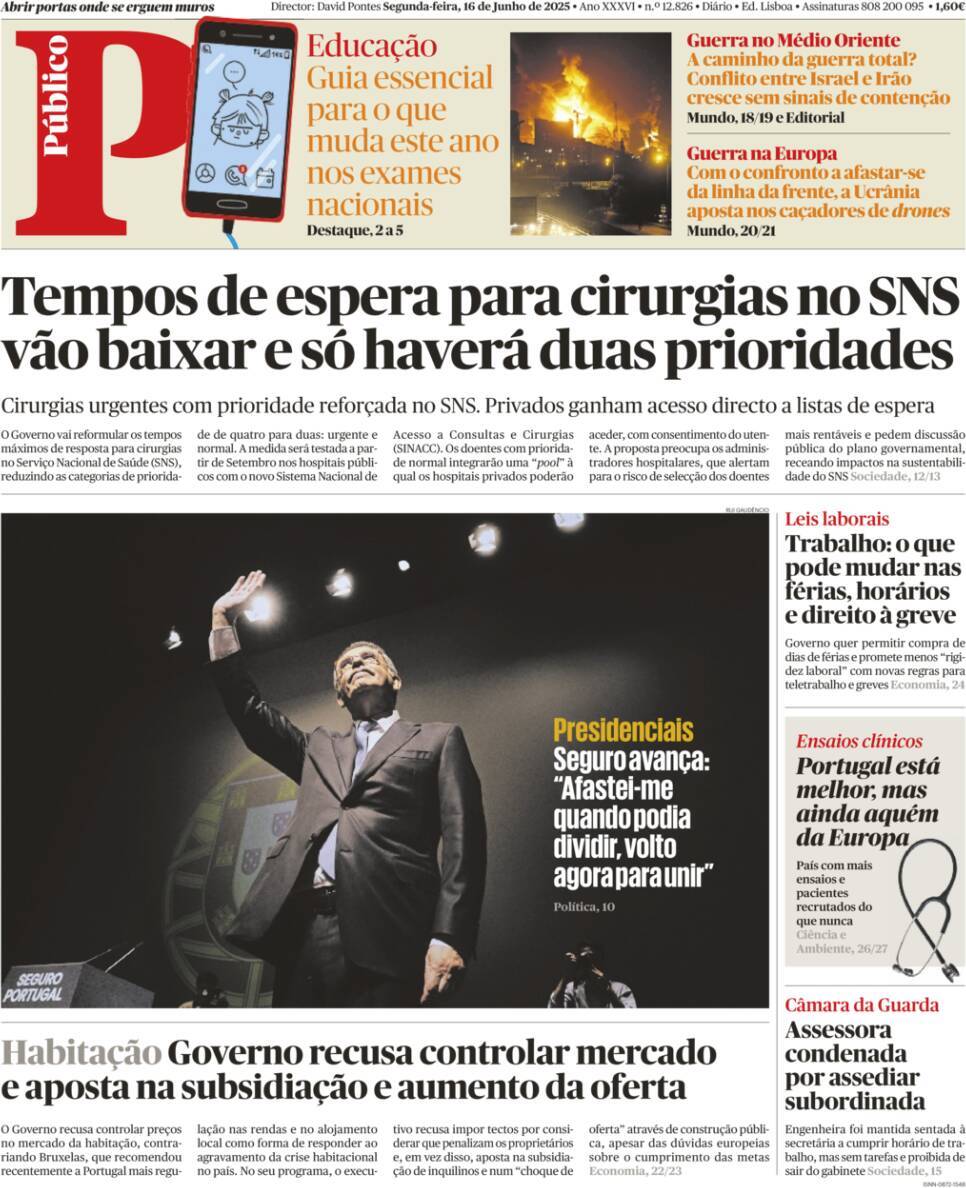 P&uacute;blico: Capa da Edi&ccedil;&atilde;o de segunda-feira, 16 de junho 2025