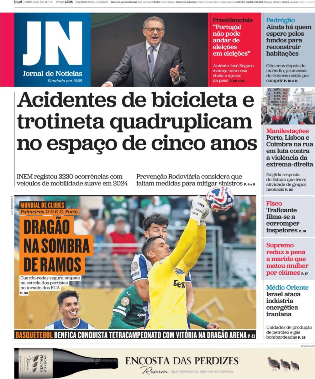 Jornal de Not&iacute;cias: Capa da Edi&ccedil;&atilde;o de segunda-feira, 16 de junho 2025