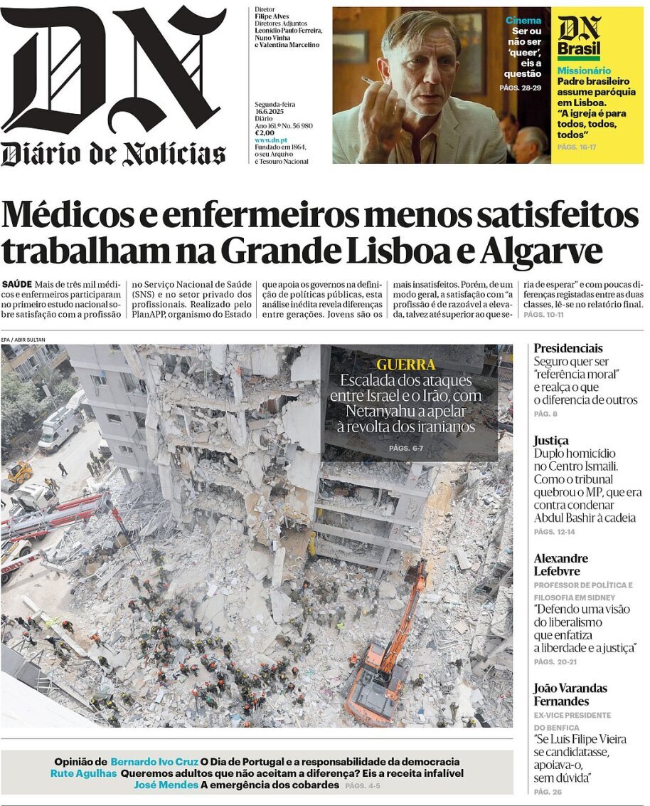 Di&aacute;rio de Not&iacute;cias: Capa da Edi&ccedil;&atilde;o de segunda-feira, 16 de junho 2025