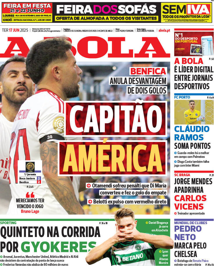 A Bola: Capa da Edi&ccedil;&atilde;o de ter&ccedil;a-feira, 17 de junho 2025