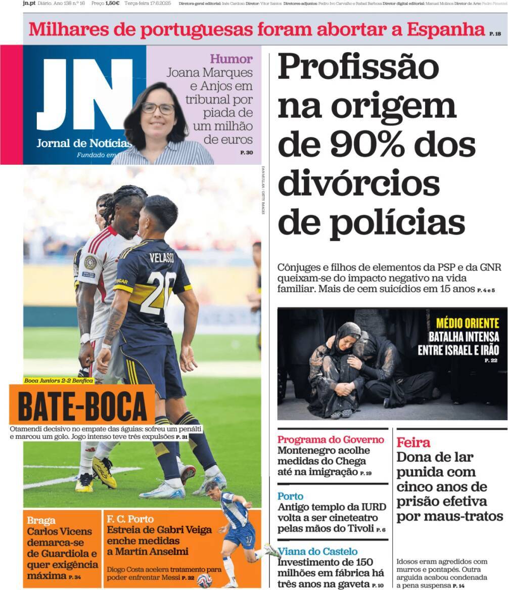 Jornal de Not&iacute;cias: Capa da Edi&ccedil;&atilde;o de ter&ccedil;a-feira, 17 de junho 2025