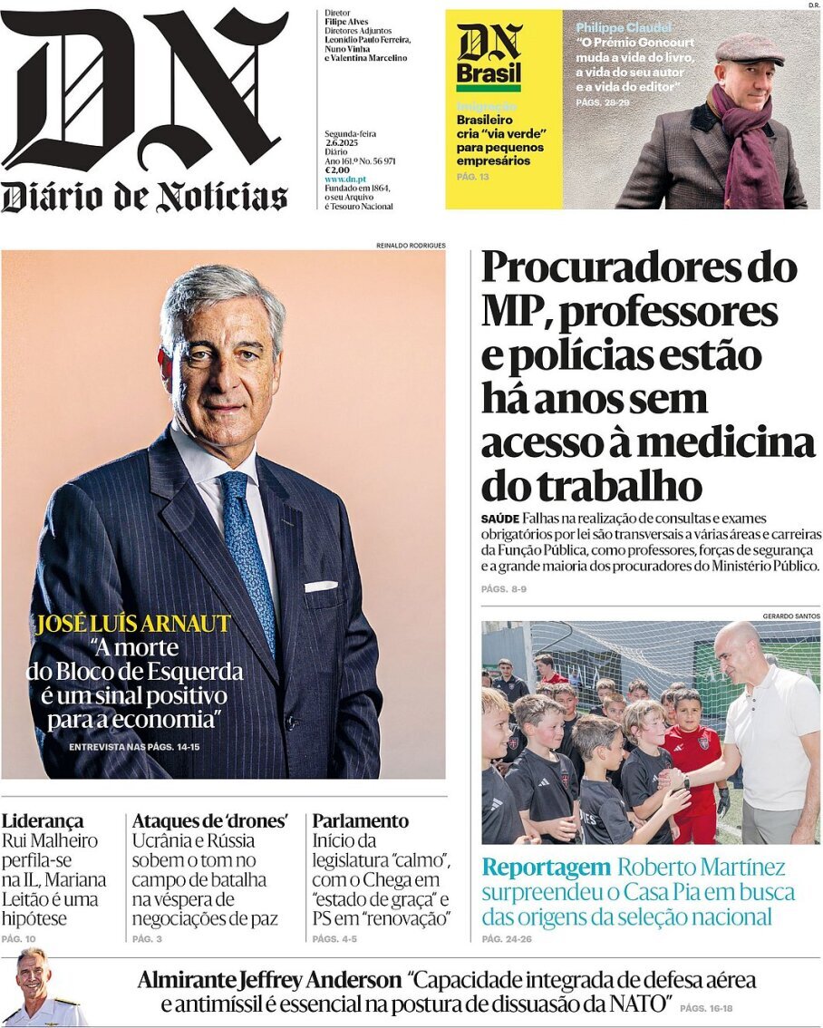 Di&aacute;rio de Not&iacute;cias: Capa da Edi&ccedil;&atilde;o de segunda-feira, 02 de junho 2025