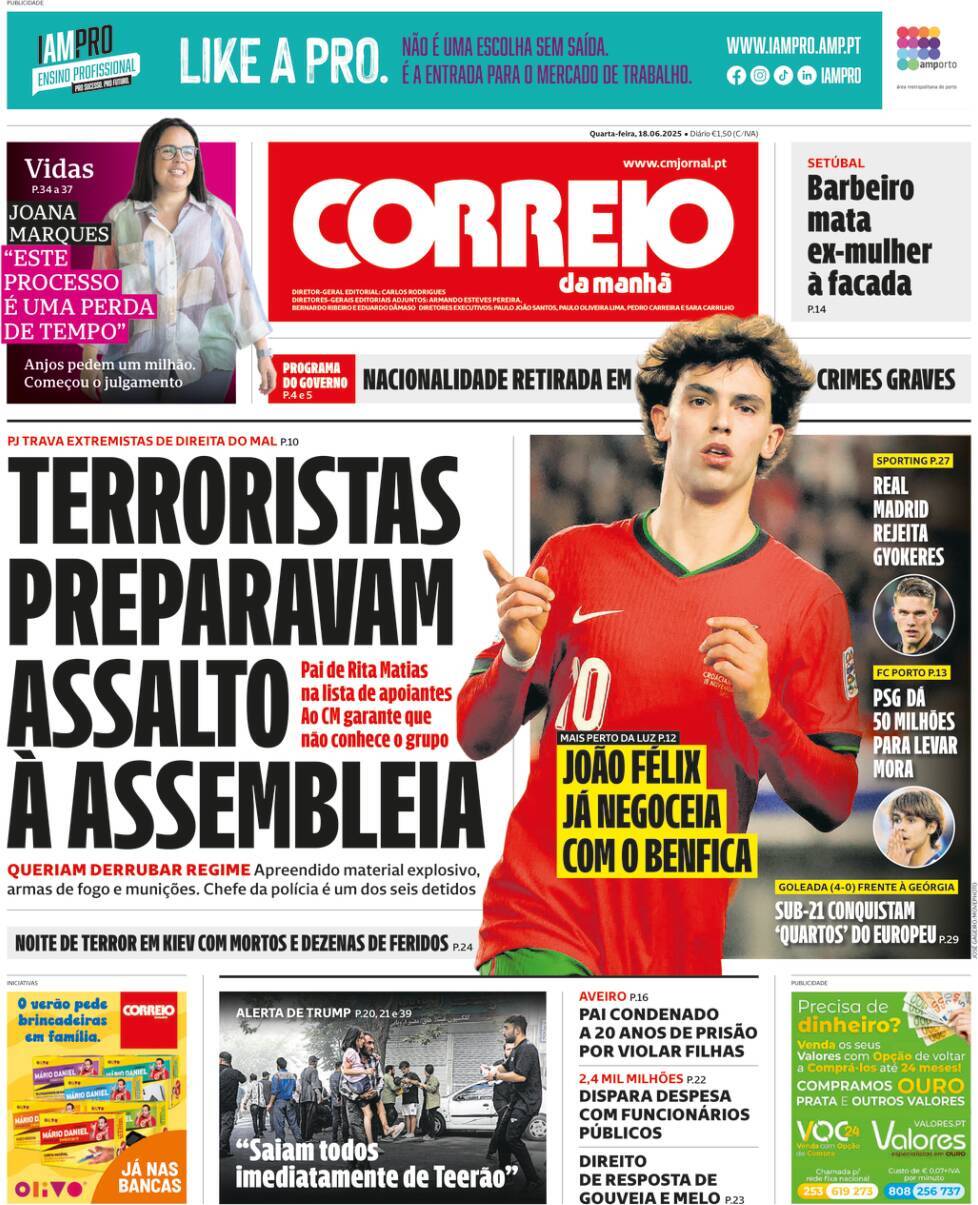 Correio da Manh&atilde;: Capa da Edi&ccedil;&atilde;o de quarta-feira, 18 de junho 2025