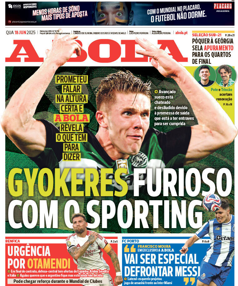 A Bola: Capa da Edi&ccedil;&atilde;o de quarta-feira, 18 de junho 2025