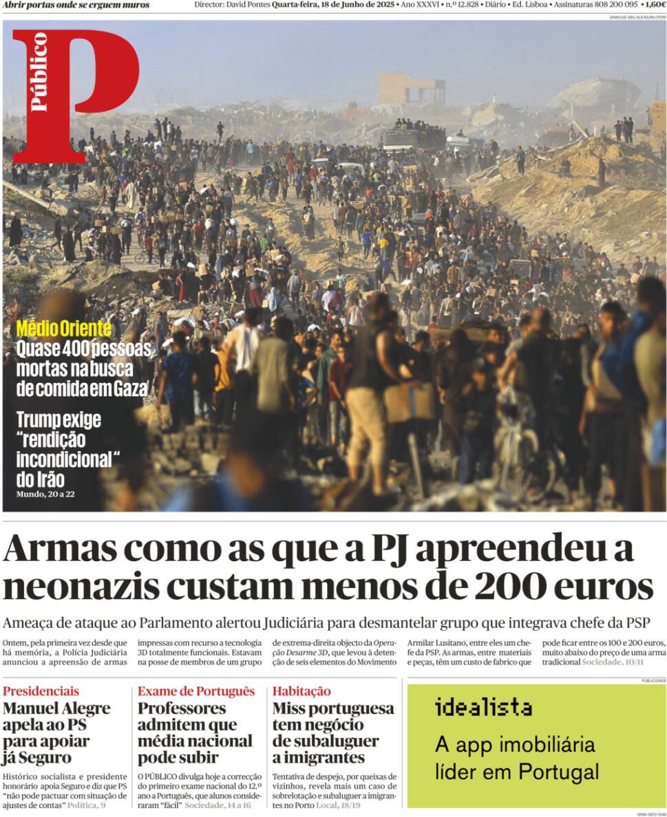 P&uacute;blico: Capa da Edi&ccedil;&atilde;o de quarta-feira, 18 de junho 2025