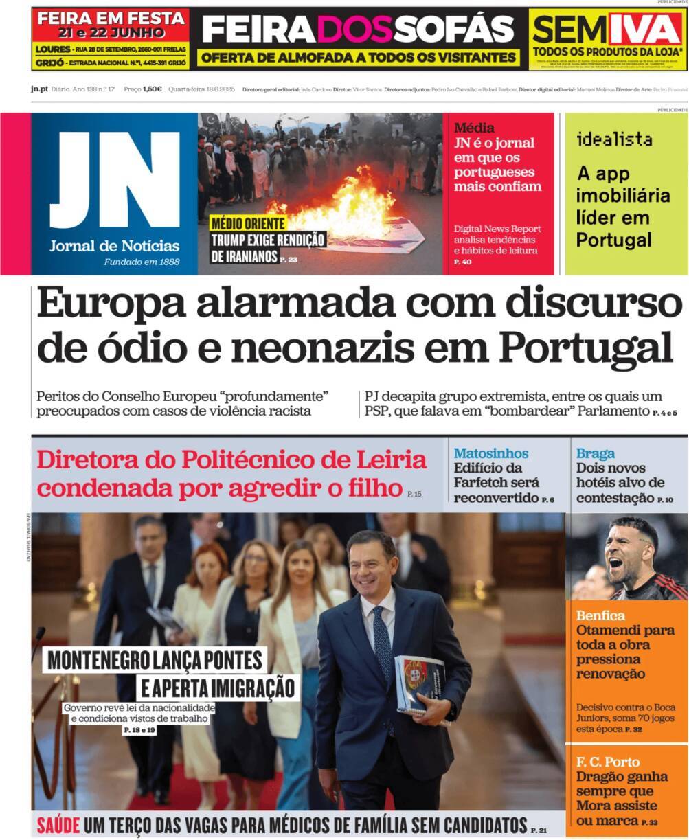 Jornal de Not&iacute;cias: Capa da Edi&ccedil;&atilde;o de quarta-feira, 18 de junho 2025