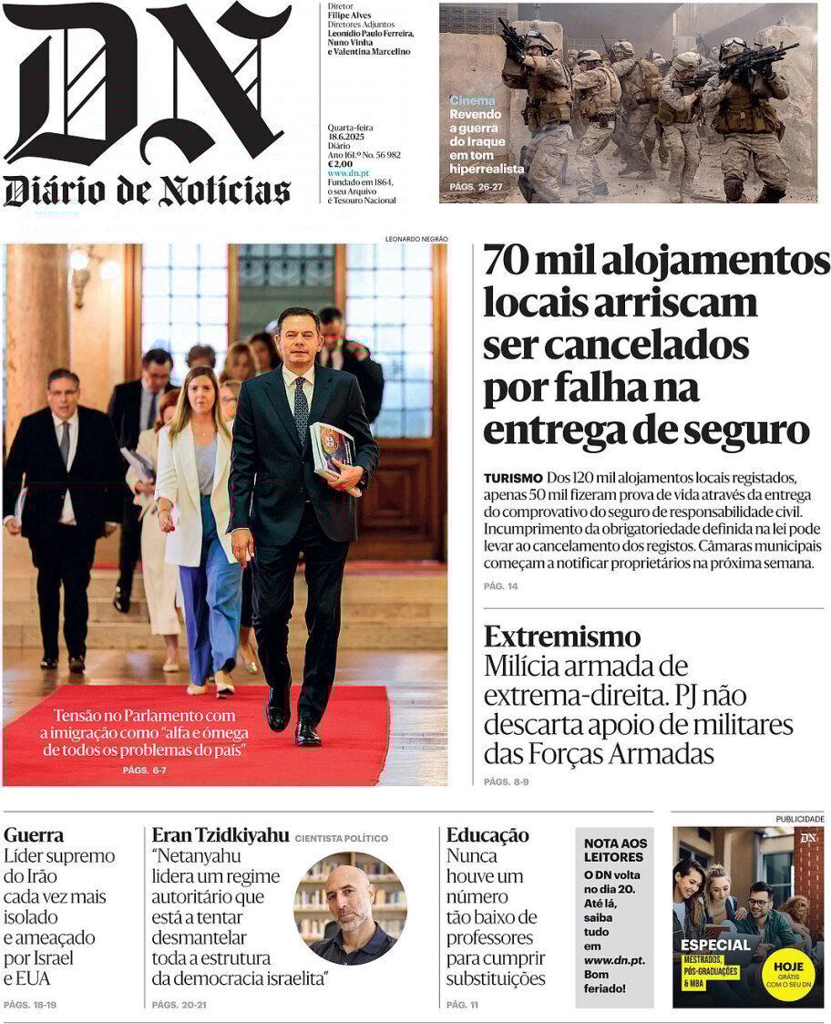 Di&aacute;rio de Not&iacute;cias: Capa da Edi&ccedil;&atilde;o de quarta-feira, 18 de junho 2025