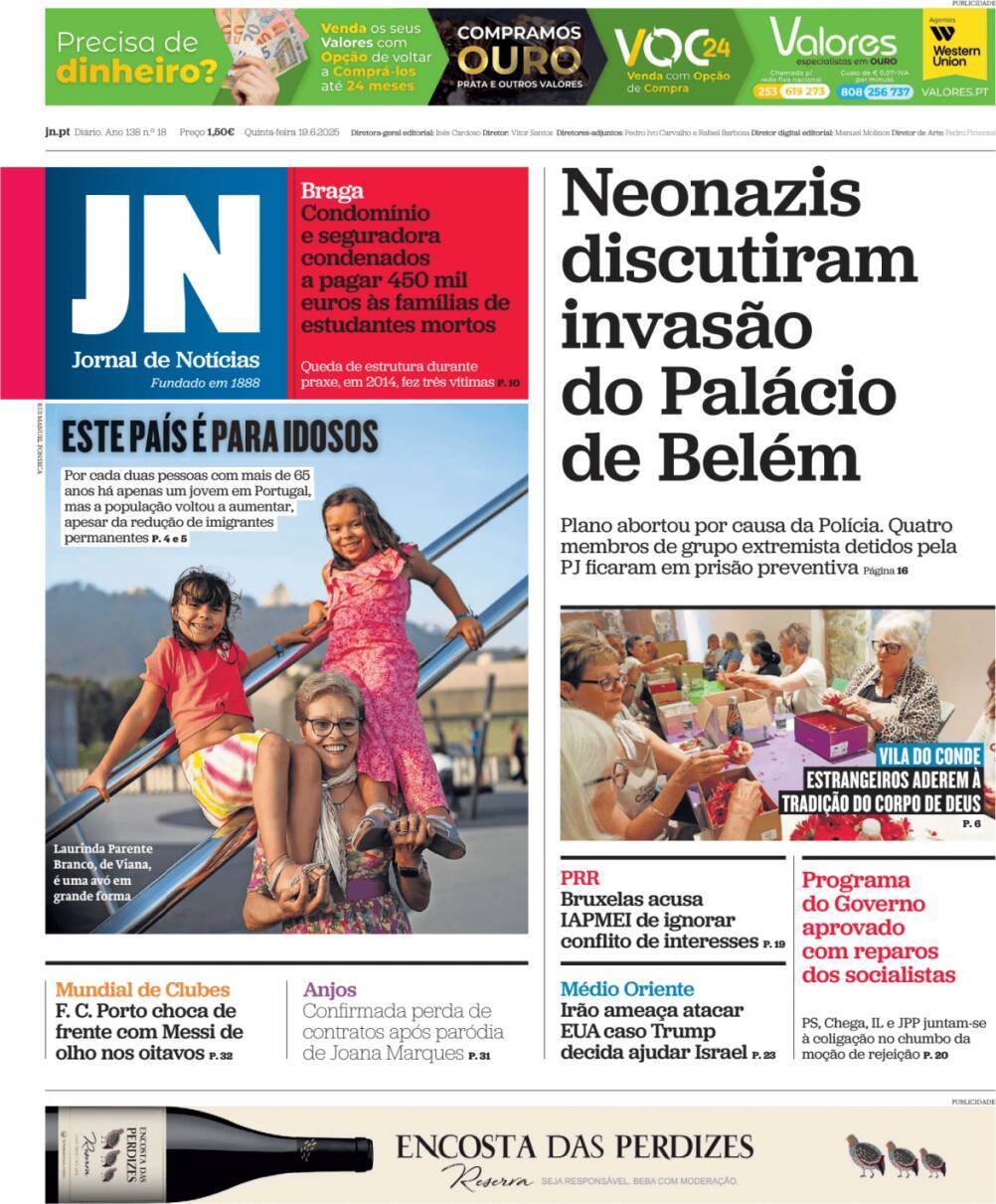 Jornal de Not&iacute;cias: Capa da Edi&ccedil;&atilde;o de quinta-feira, 19 de junho 2025