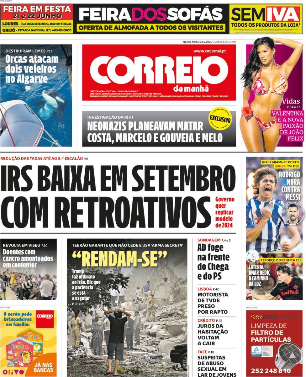 Correio da Manh&atilde;: Capa da Edi&ccedil;&atilde;o de quinta-feira, 19 de junho 2025