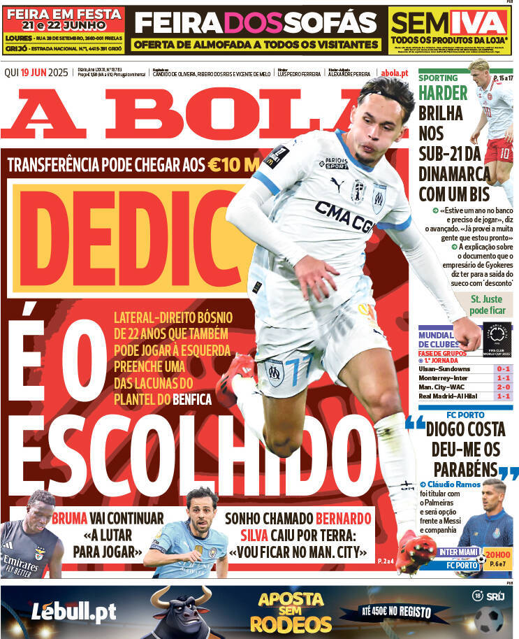 A Bola: Capa da Edi&ccedil;&atilde;o de quinta-feira, 19 de junho 2025
