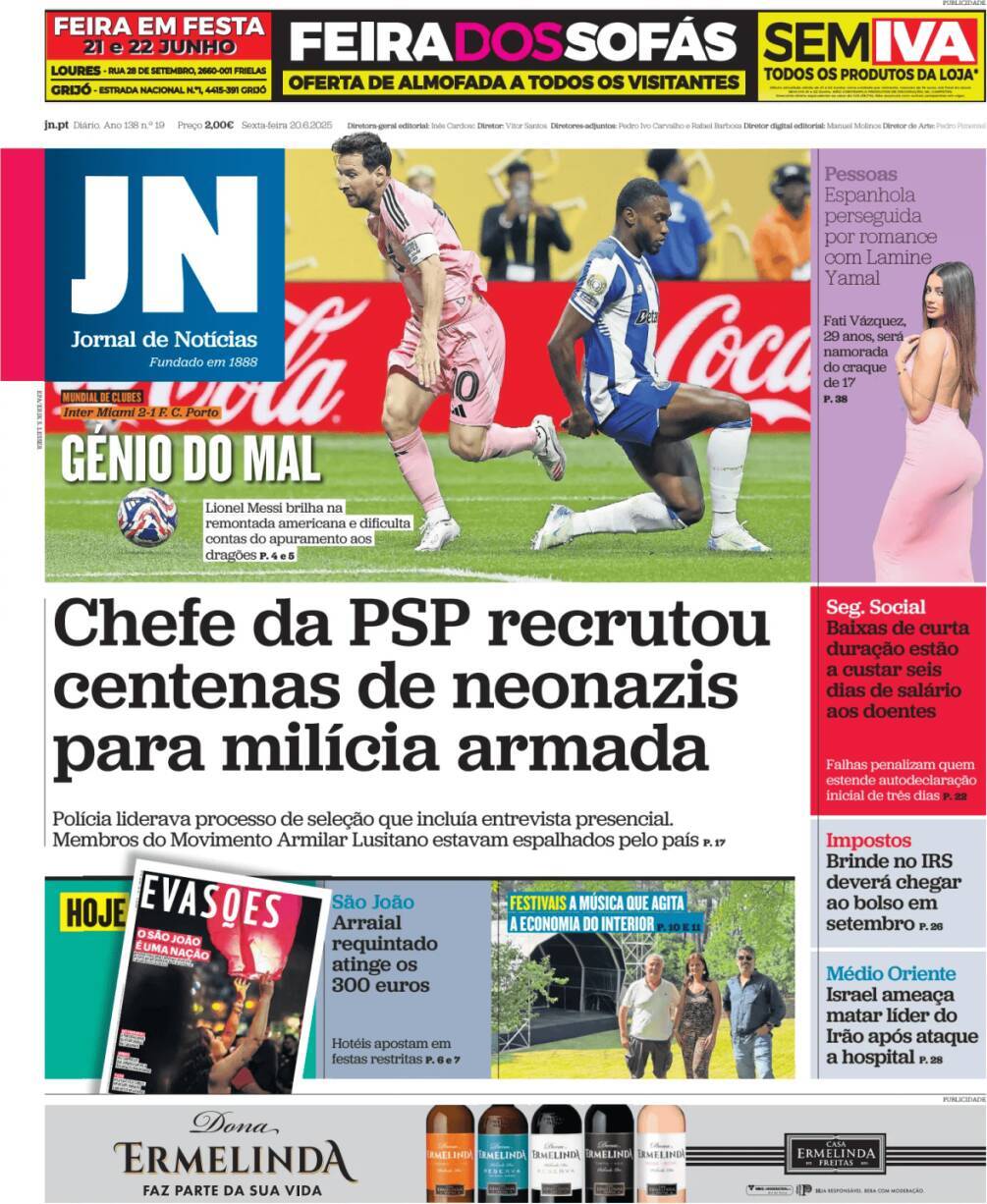 Jornal de Not&iacute;cias: Capa da Edi&ccedil;&atilde;o de sexta-feira, 20 de junho 2025