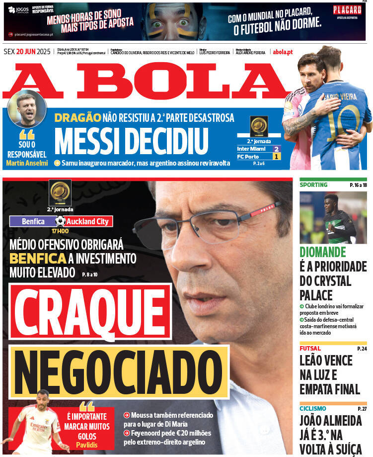 A Bola: Capa da Edi&ccedil;&atilde;o de sexta-feira, 20 de junho 2025
