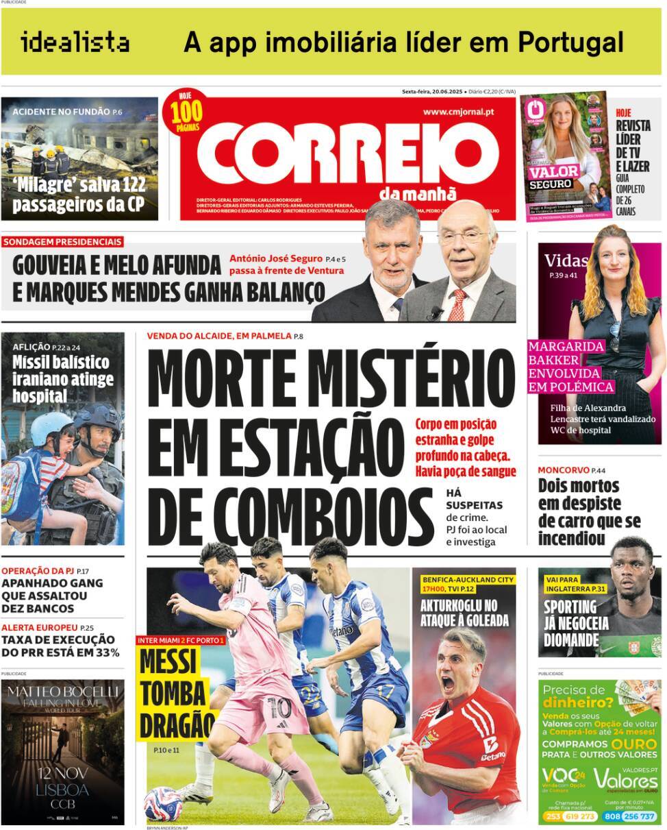 Correio da Manh&atilde;: Capa da Edi&ccedil;&atilde;o de sexta-feira, 20 de junho 2025