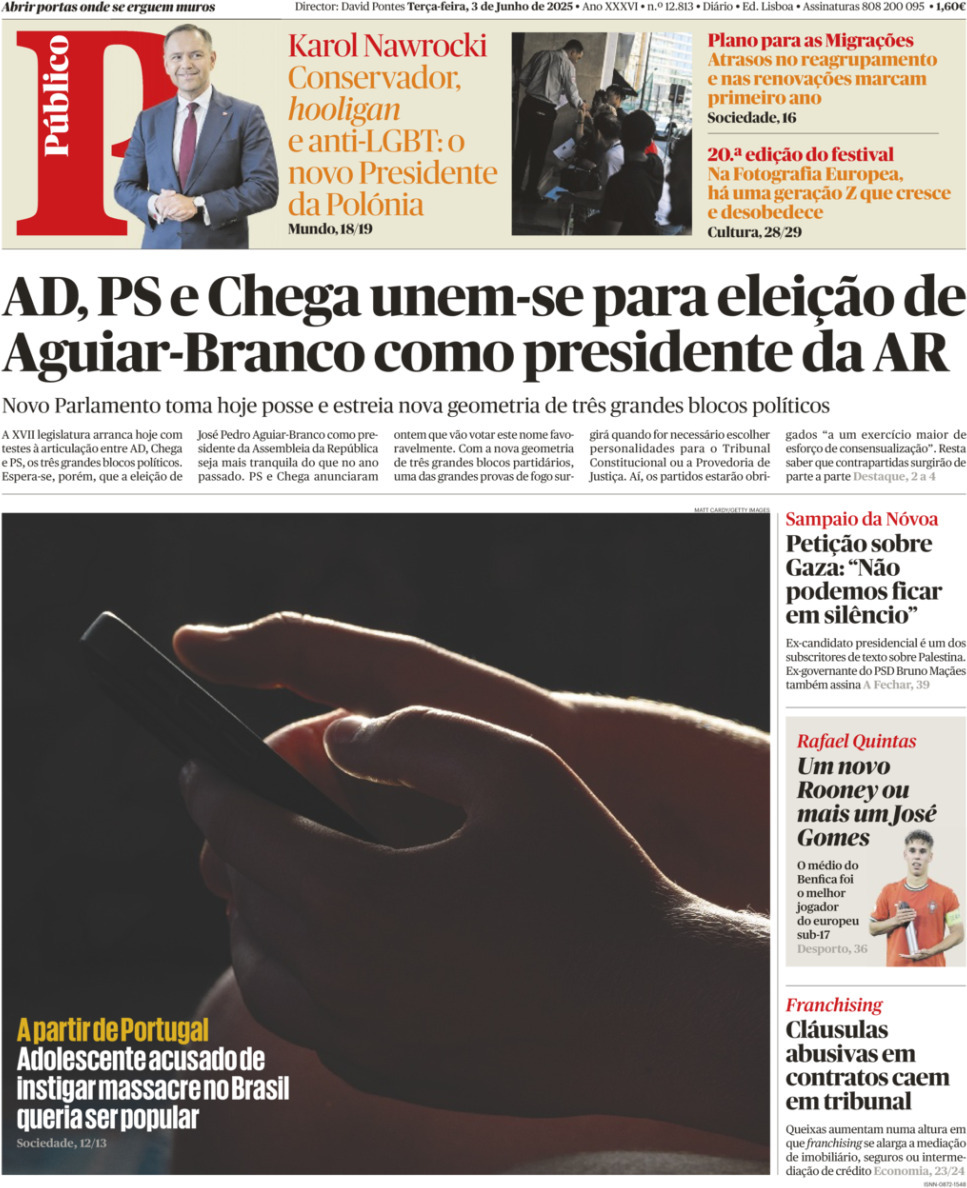 P&uacute;blico: Capa da Edi&ccedil;&atilde;o de ter&ccedil;a-feira, 03 de junho 2025